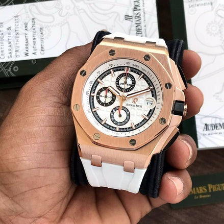 AM Piguet Royal Oak Offshore Chronograph’s Rosegold & White Fiber Strap Mens Watch