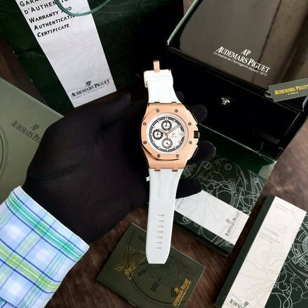 AM Piguet Royal Oak Offshore Chronograph’s Rosegold & White Fiber Strap Mens Watch