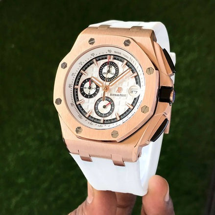 AM Piguet Royal Oak Offshore Chronograph’s Rosegold & White Fiber Strap Mens Watch